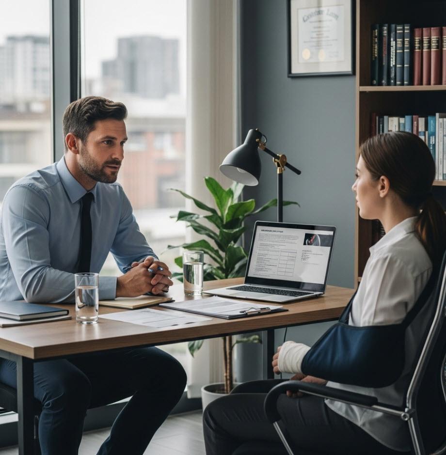 Lawyer Visiting an Injured Client in a Law Firm.