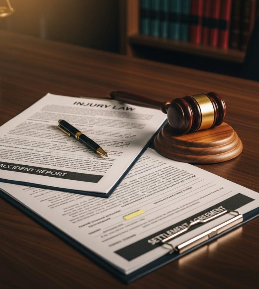 Legal Gavel and Injury Law Documents on Legal Table