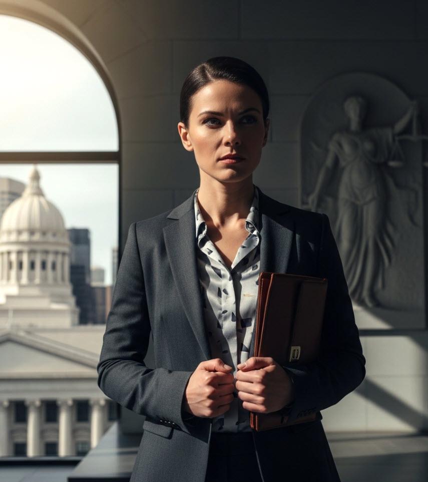 A litigator's intense gaze before entering court