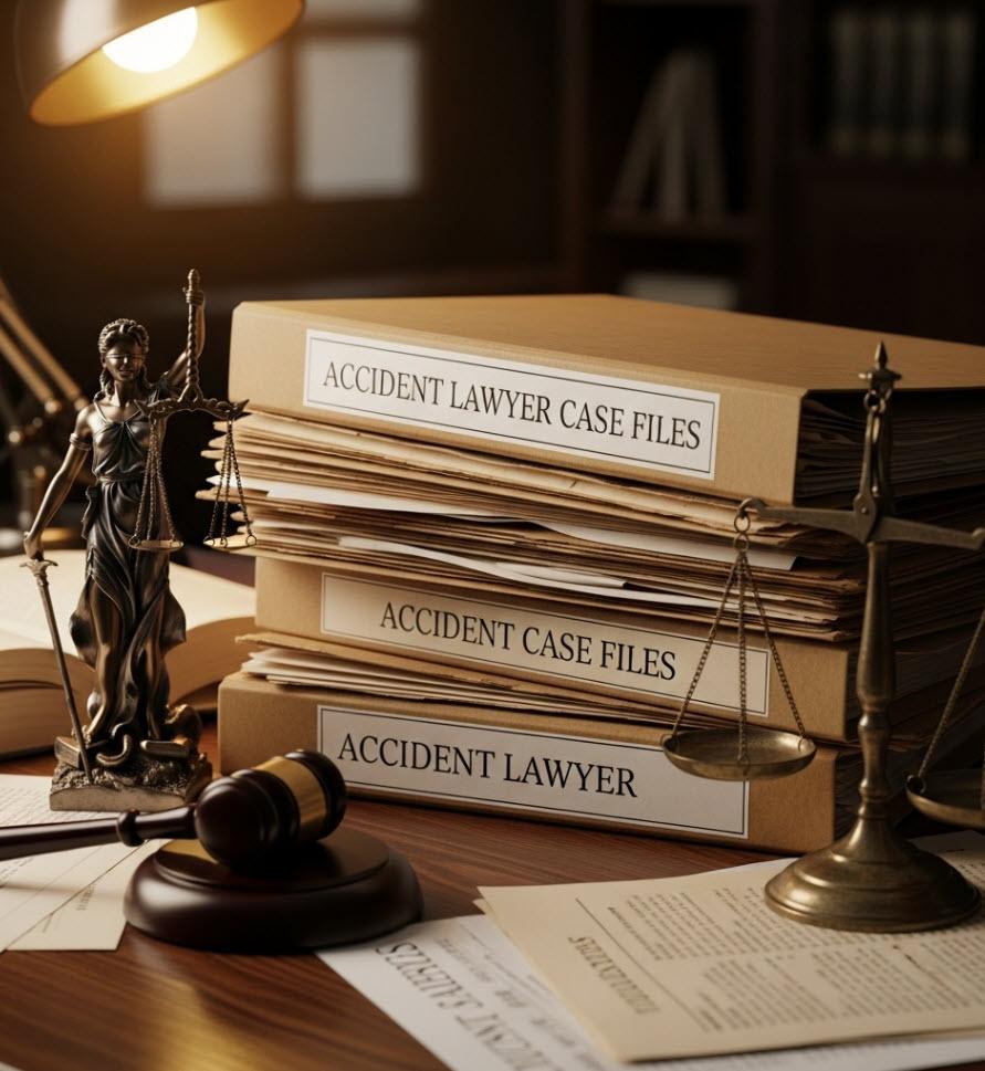 Naughty Plaintiffs in Accident Lawyer Case Files with Justice Icons.