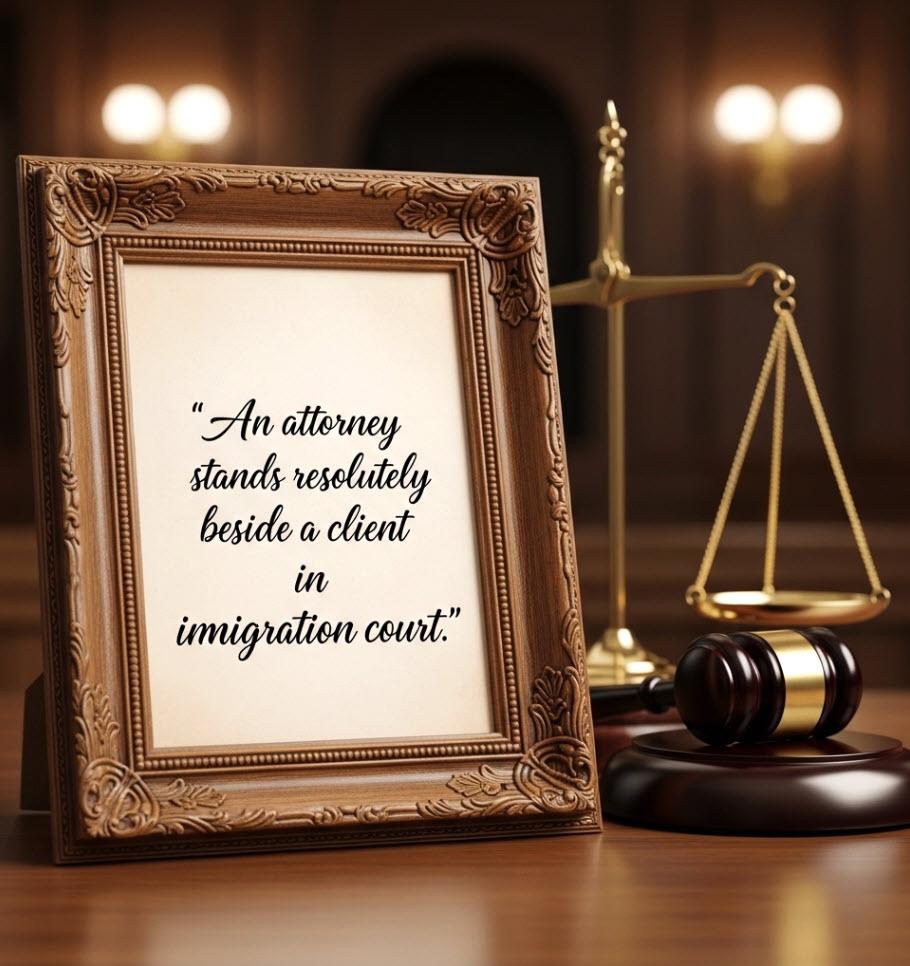  An attorney stands resolutely beside a client in immigration court.