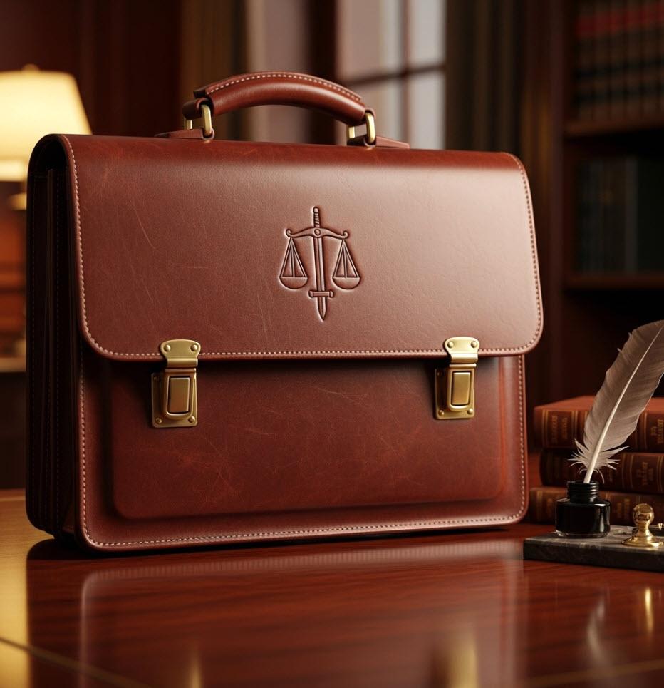 Justice Embossed Emblem Law Briefcase on Leather