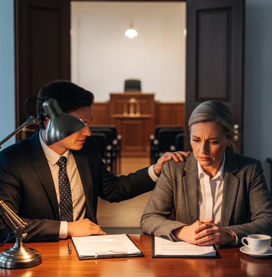A lawyer comforts a worried client before a hearing starts