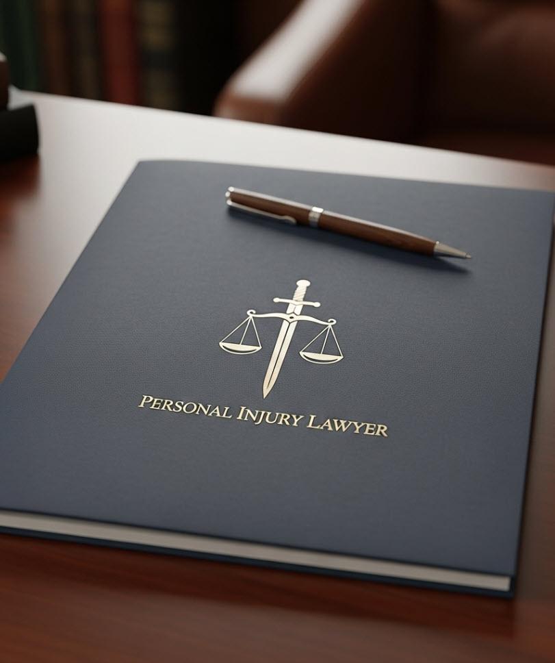 Personal injury lawyer with justice emblem periodical