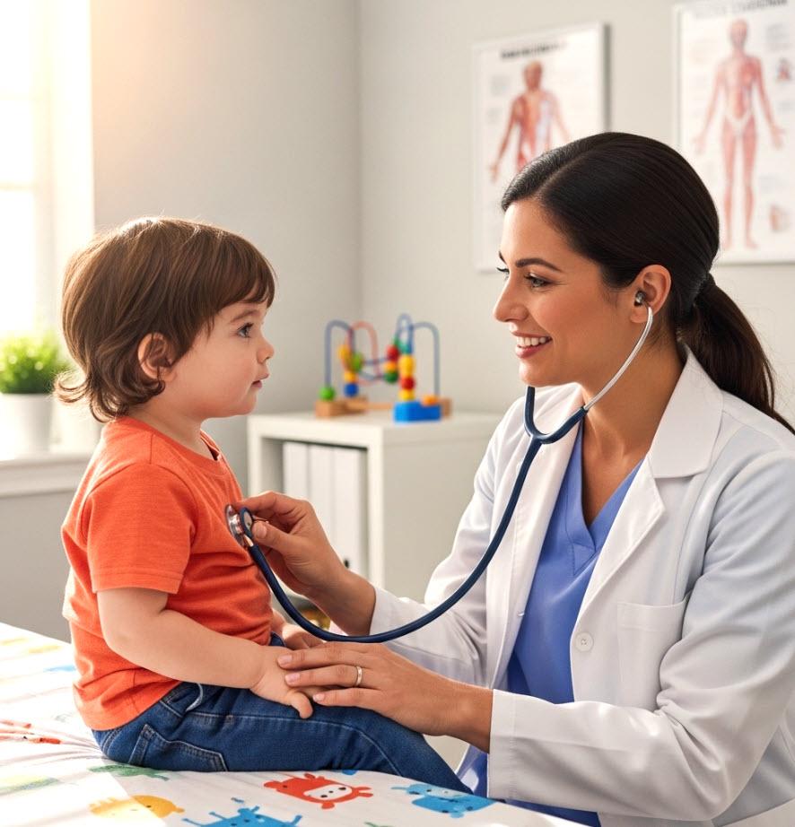Pediatrician listening to a toddler's heart