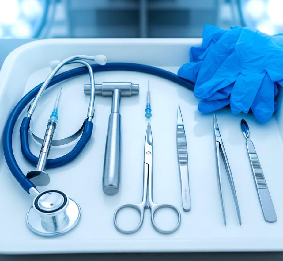 Clean and sterile medical instruments arranged neatly free image