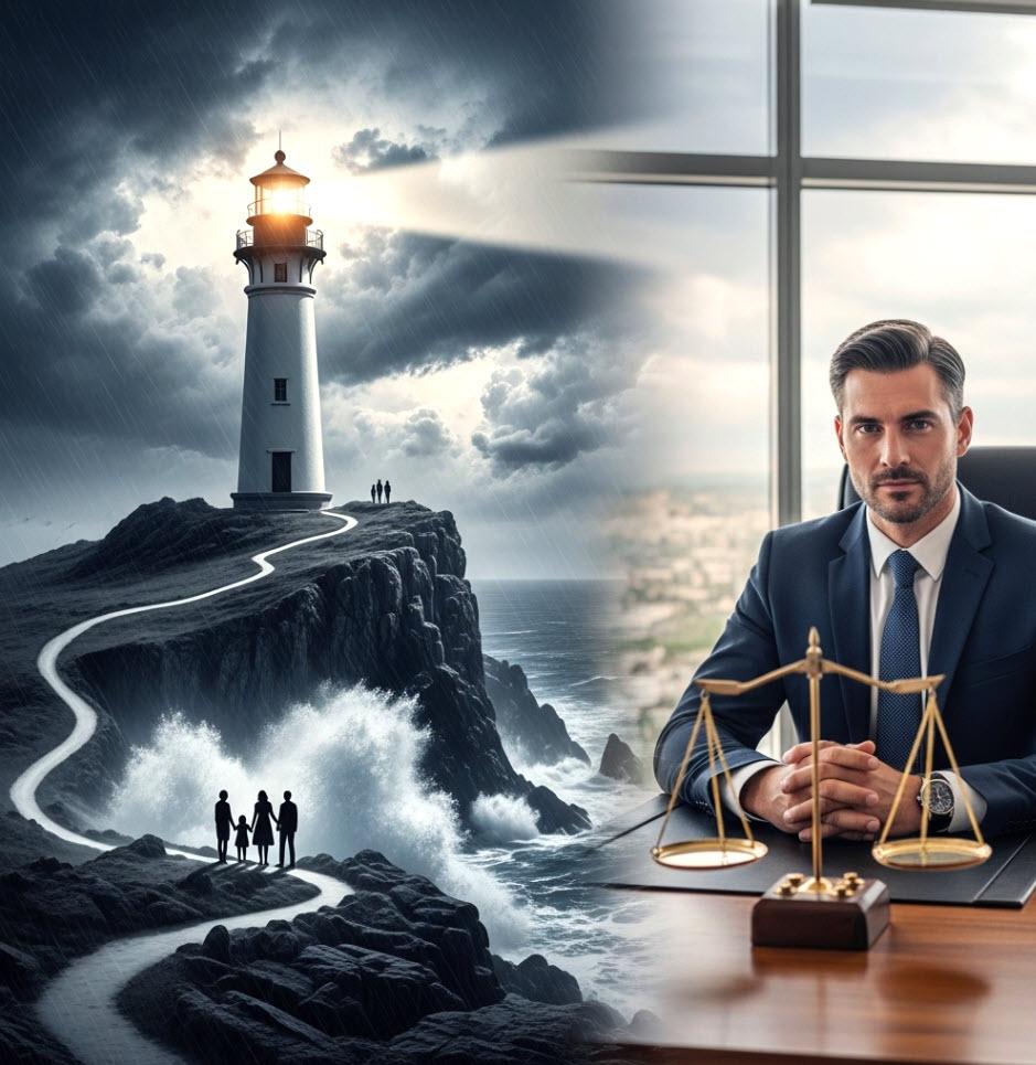 A lighthouse guiding a family through a storm
