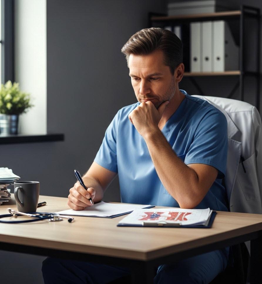 The Weight of Care: A Doctor's Thoughtful Moment