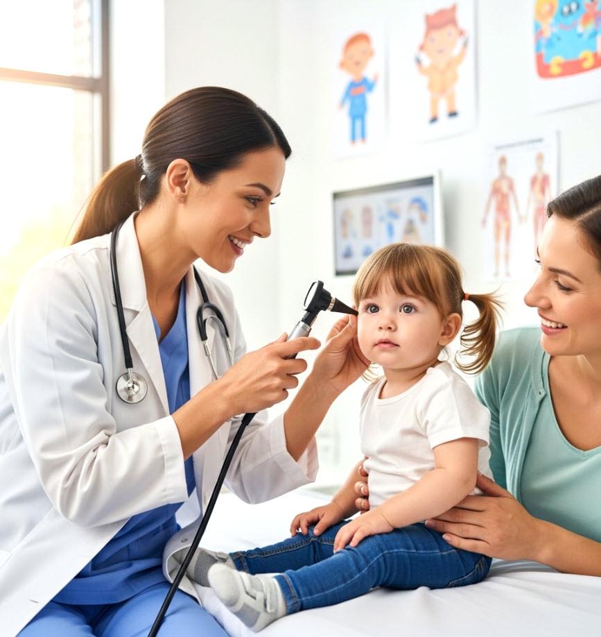 Doctor checking toddler's ears during checkup